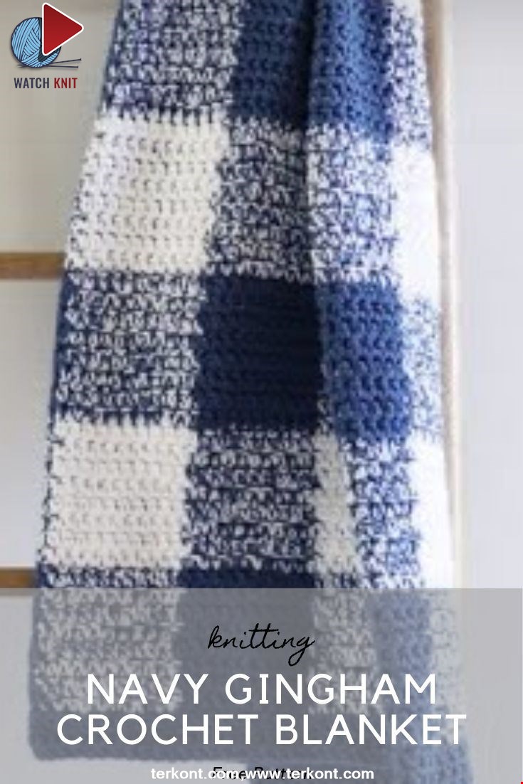 Navy Gingham Crochet Blanket